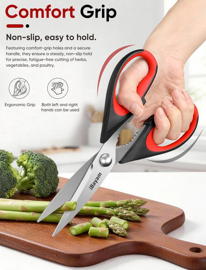 iBayam Kitchen Scissors Shears All Purpose Heavy Duty, Protective Sheath, 2-Pack, Ultra-Sharp Stainless Steel Blades, Soft Comfort-Grip, Dishwasher Safe, Cutting Food, Cooking, Meat & Poultry
