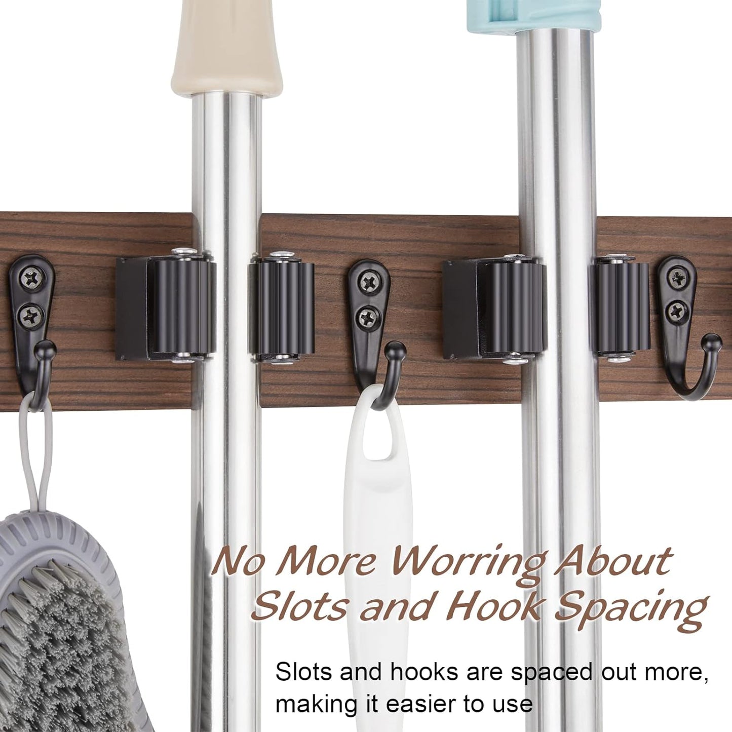 OUTNILI Mop and Broom Holder Wall Mount, Wood Broom Mop Hanger, Wall Mounted Garden Tool Rack Organizer, Rustic Kitchen Decor, 4 Slots & 4 Hooks, Brown