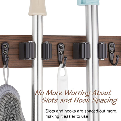 OUTNILI Mop and Broom Holder Wall Mount, Wood Broom Mop Hanger, Wall Mounted Garden Tool Rack Organizer, Rustic Kitchen Decor, 4 Slots & 4 Hooks, Brown