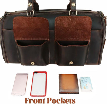 UPRESYE Convertible Leather Garment Bag, Full Grain Cowhide Leather 2-in-1 Suit Travel Bag with Shoe Pouch, Carry-On Hanging Garment Duffel Bag, Deep Brown