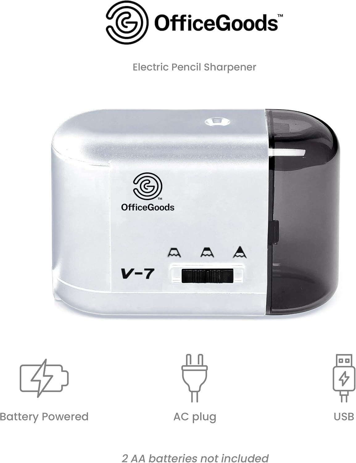 OfficeGoods Electric Pencil Sharpener | Battery, USB & Plug-In Powered Portable Sharpener for Graphite & Colored Pencils