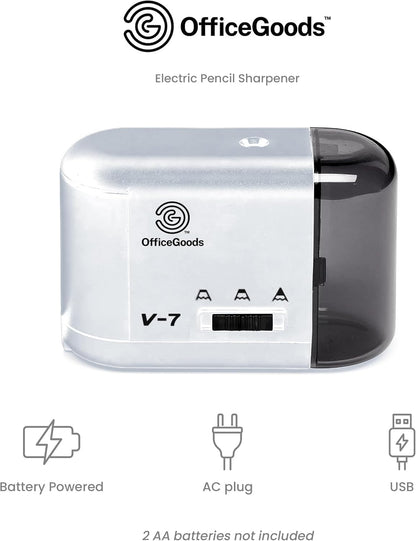 OfficeGoods Electric Pencil Sharpener | Battery, USB & Plug-In Powered Portable Sharpener for Graphite & Colored Pencils