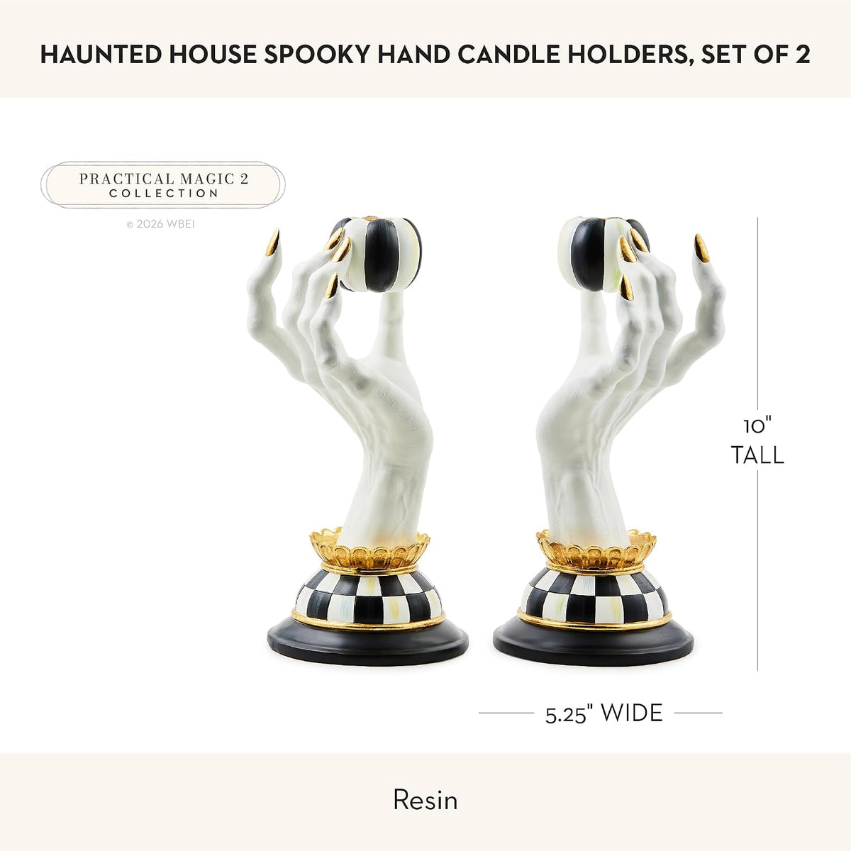 MACKENZIE-CHILDS Resin Haunted House Spooky Hand Candle Holder Set Hand-painted design, decorative fall and Halloween home decor, fits dinner candles, 5.25" W x 10" H, set of 2