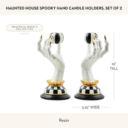 MACKENZIE-CHILDS Resin Haunted House Spooky Hand Candle Holder Set Hand-painted design, decorative fall and Halloween home decor, fits dinner candles, 5.25" W x 10" H, set of 2