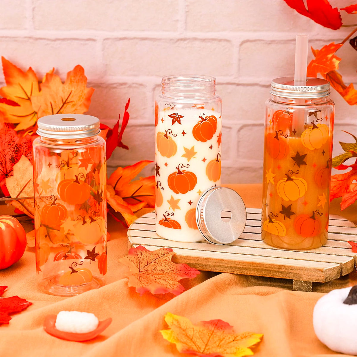 Whaline 20-Pc Fall Leaves & Pumpkin Plastic Cups with Lids and Straws