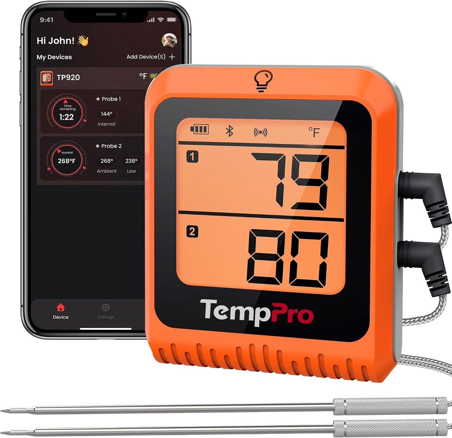 TempPro TempSync Bluetooth Meat Thermometer 650 ft, 2 Probes
