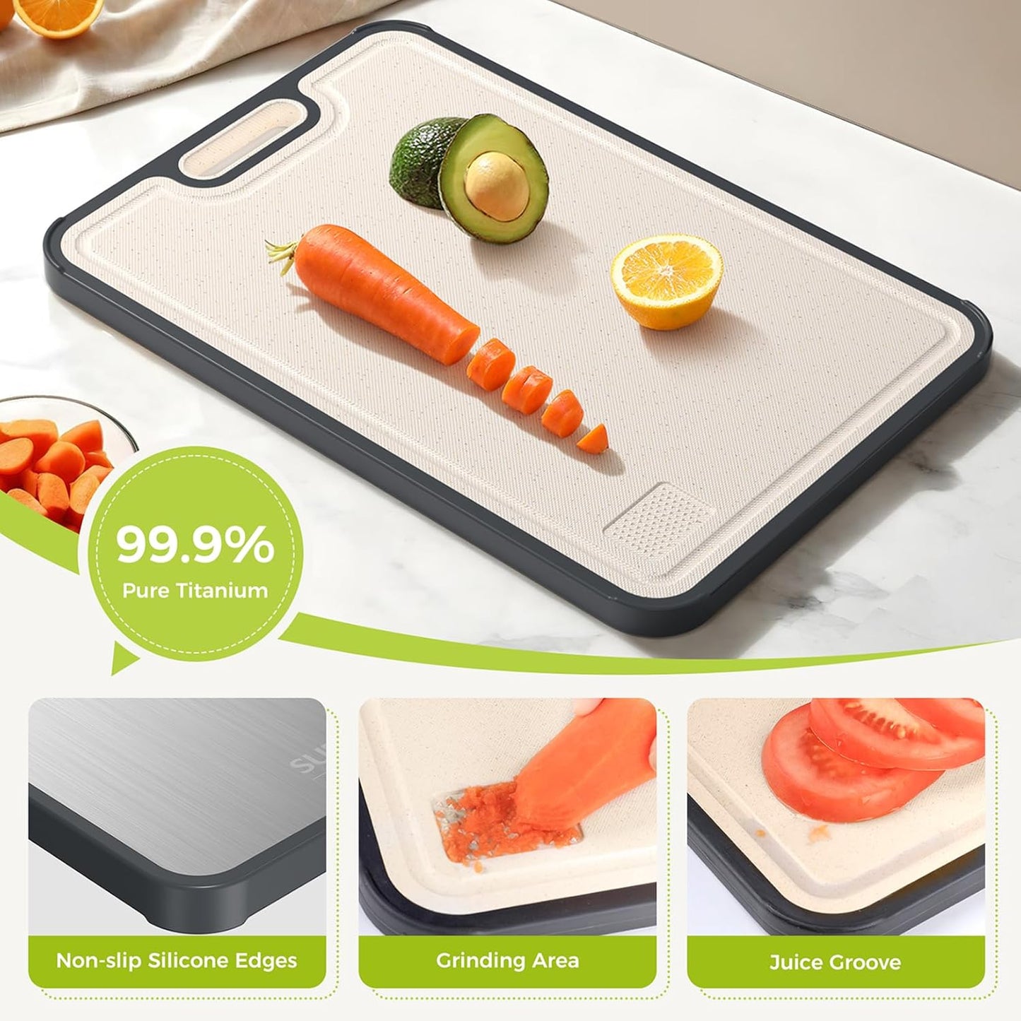 Titanium Cutting Board for Kitchen, Pure Titanium/PP, Size 16”×11”