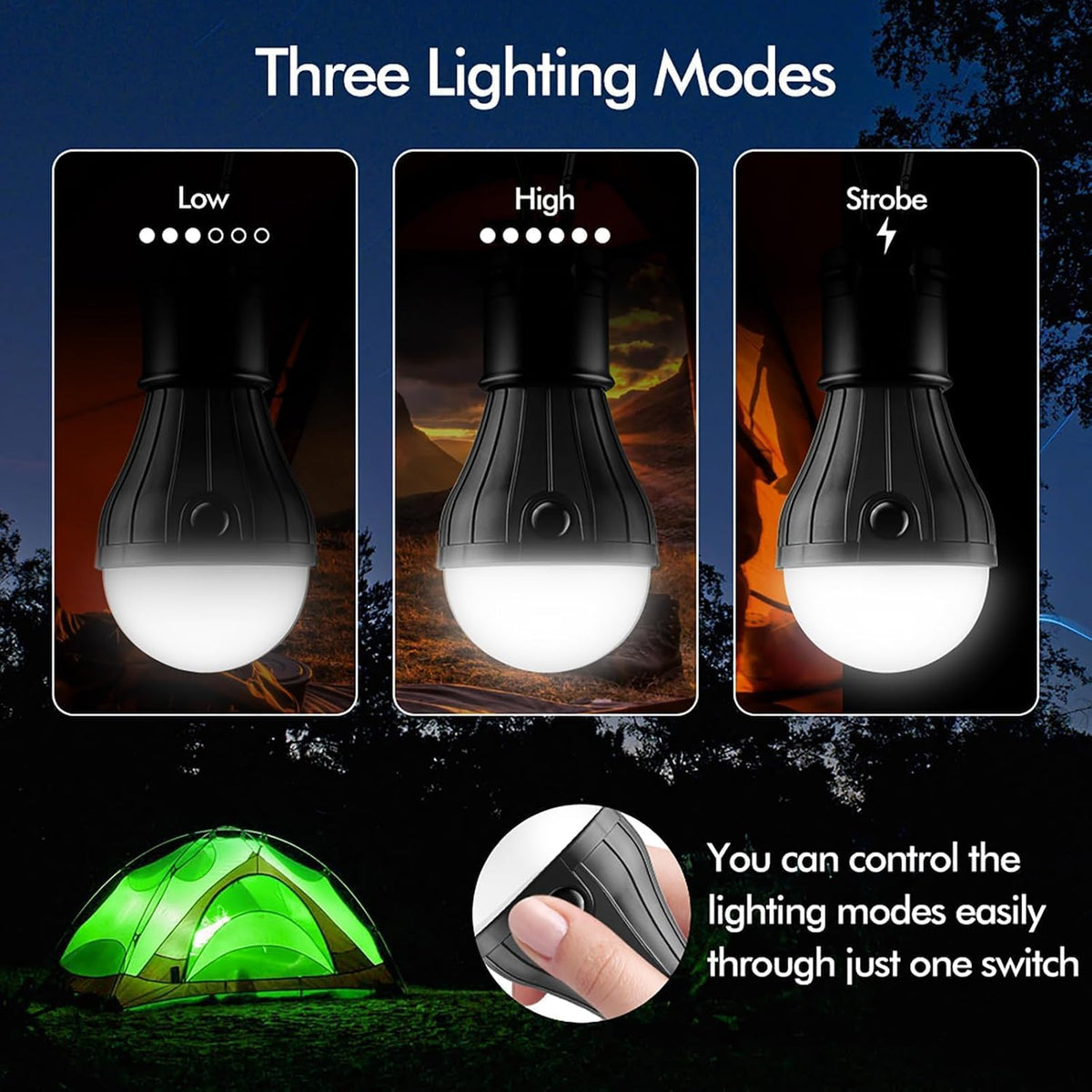 FLY2SKY Portable LED Camping Lights, 4-Pack Multicolor Tent Lanterns with Clip Hook, 150 Lumens Battery-Powered Emergency Lights, 3 Modes for Camping, Hiking & Power Outages
