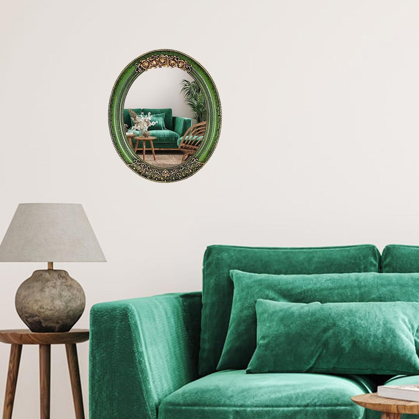 Oval 11.8x10 inch Resin Vintage Mirror Wall Mounted Decorative Mirror for Entryway, Hallway, Bedroom Oval Mirror(Green)