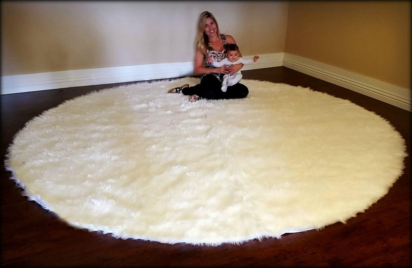 Fur Accents Shag Faux Fur Sheepskin Area Rug Round Large Soft White Plush