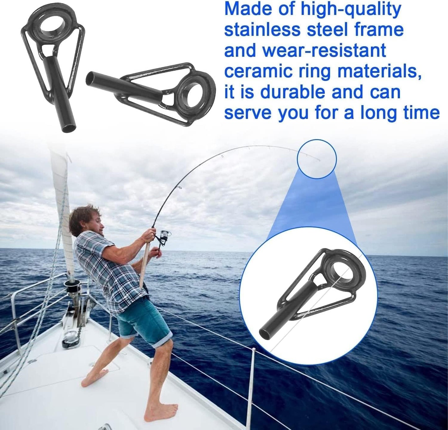 ZUIHUI 40 Pcs Fishing Rod Tip Repair Kit, Stainless Steel Ceramic Guide Rings, Replacement Rod Tip Eyelets in 8 Sizes, Black