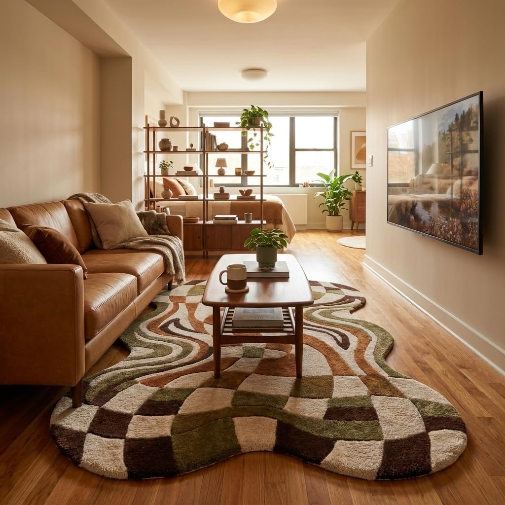 Warped Checkerboard Wool Rug, Hand-Tufted Retro Groovy Area Rug in Green, Rust & Cream, Irregular Shaped Wavy Checkered Carpet for Living Room & Bedroom, Boho Decor, 9x12 ft (274 x 365 cm)