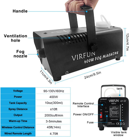 VIRFUN Fog Machine with Wireless & Wired Remote Control, 2000 CFM Smoke Machine for Halloween, Parties, Weddings & Stage Effects, VIR-02