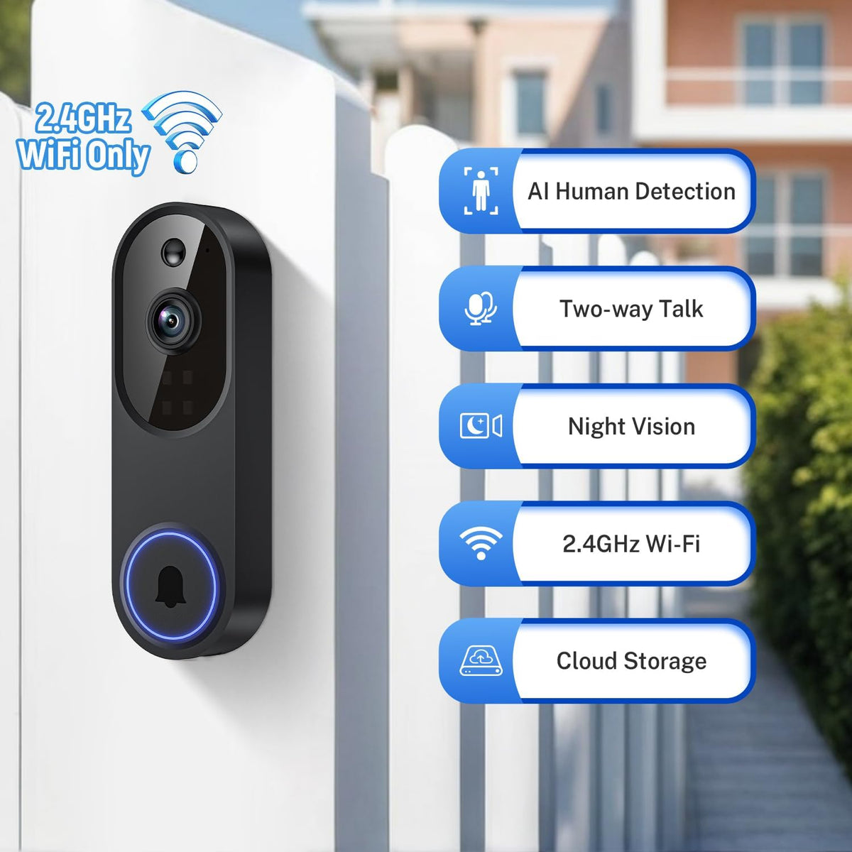 Orbitell M52 1080p Wireless Wi-Fi Video Doorbell Camera, 2-Way Audio, Night Vision, AI Motion Detection, Cloud Storage, IP65 Weather Resistant, 2.4GHz Wi-Fi
