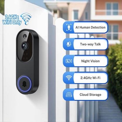 Orbitell M52 1080p Wireless Wi-Fi Video Doorbell Camera, 2-Way Audio, Night Vision, AI Motion Detection, Cloud Storage, IP65 Weather Resistant, 2.4GHz Wi-Fi