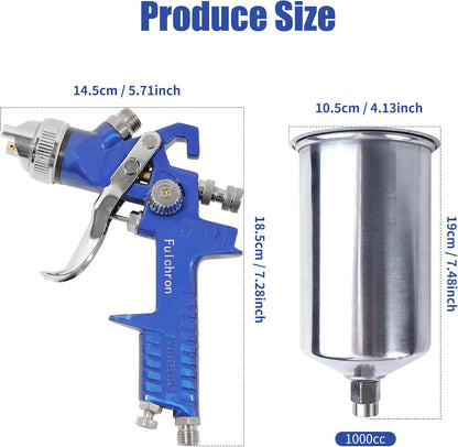 HVLP Spray Gun 1.4/1.7/2.0/2.5/3.0mm Kit with 1000cc Aluminum Cup Gravity Feed Paint Gun Kit with 5 Nozzles, Suitable for Painting Cars, primer, basecoat, Automotive, Furniture. (Blue)