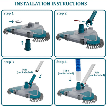 POOLWHALE Weighted Triangular Pool Vacuum Head with Brush, 13-Inch ABS Pool Cleaner with Wheels, Side Brushes & EZ Clip Handle, for Vinyl Liner, Above Ground & Inground Pools