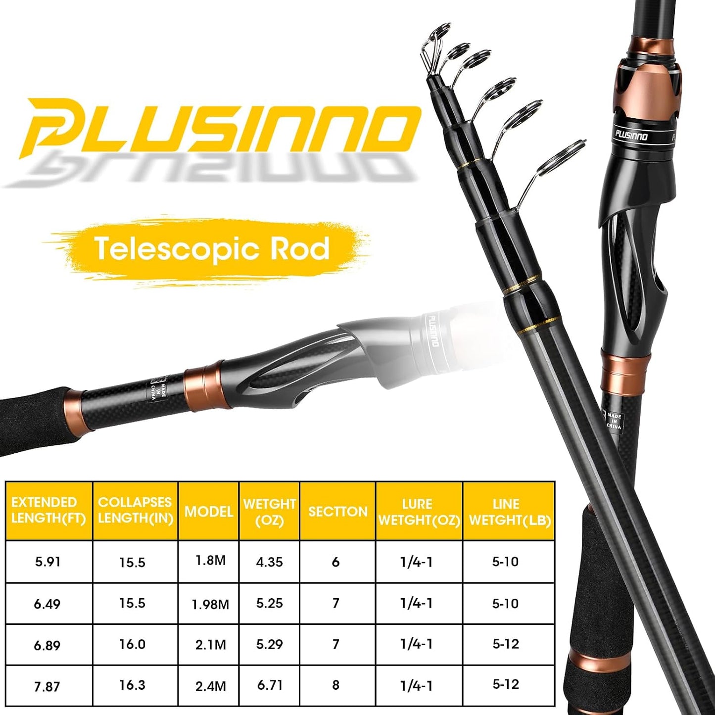 PLUSINNO Bronze Warrior Fishing Rod and Reel Combo, 5.91FT IM6 Carbon Fiber Telescopic Fishing Rod with 12+1 Bearing Spinning Reel, Travel Freshwater Fishing Gear