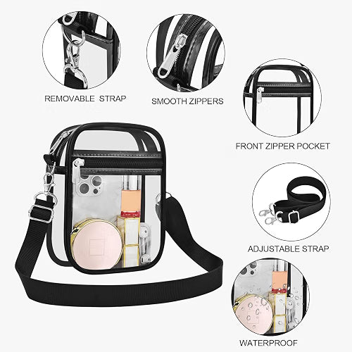 USPECLARE Clear Purse for Stadium Events, Transparent Messenger Crossbody Bag with Adjustable Removable Strap, PVC Clear Bag for Concerts, Sports & Events, Black