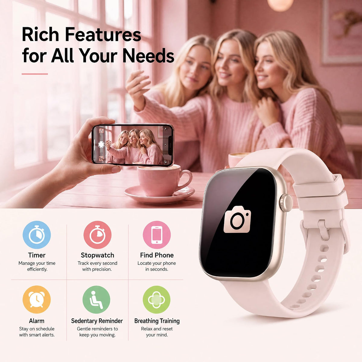 KIPTUMTEK T7 Smart Watch for Women, 1.83" HD Touch Screen, Bluetooth Calling, Fitness & Health Tracker, 2 Bands, Pale Pink