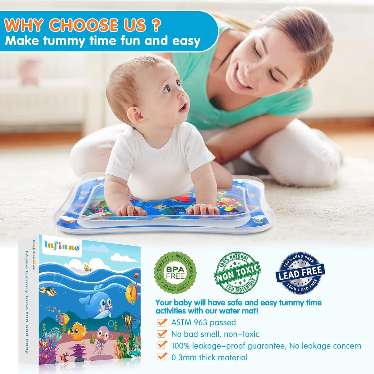 Infinno Inflatable Tummy Time Water Mat, Baby Sensory Toy for 3–24 Months, Leakproof BPA-Free PVC Water Play Mat for Tummy Time, Portable Baby Developmental Activity Mat