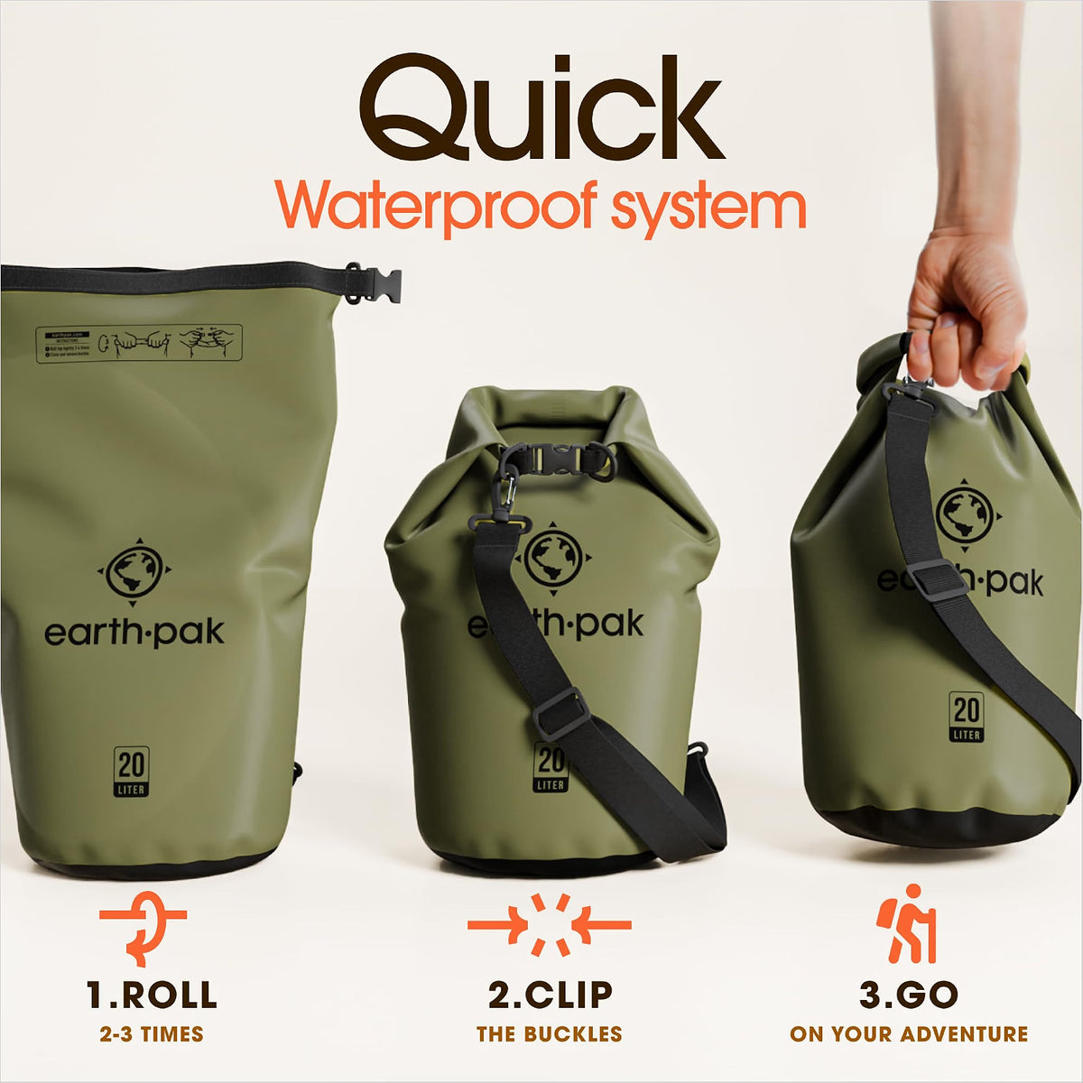 Earth Pak 20L Waterproof Dry Bag with Phone Case, Forest Green