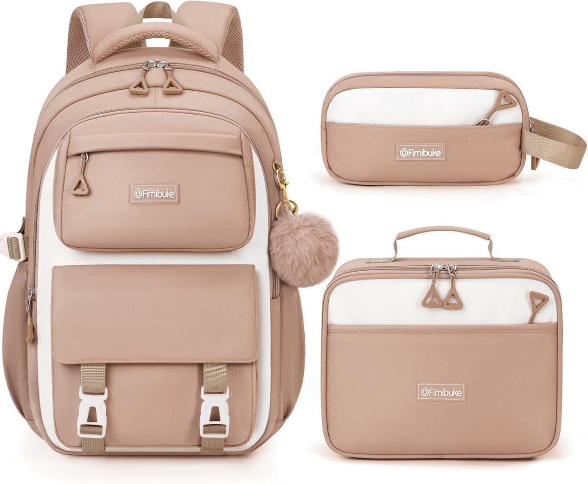Fimibuke Girls School Backpack Set, 3-Piece Waterproof Backpack with Insulated Lunch Bag & Pencil Case, Large School Bookbag for Kids & Teens, Khaki