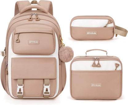 Fimibuke Girls School Backpack Set, 3-Piece Waterproof Backpack with Insulated Lunch Bag & Pencil Case, Large School Bookbag for Kids & Teens, Khaki