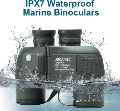 USCAMEL 10X50 Marine Binoculars for Adults, IPX7 Waterproof Binoculars with Illuminated Compass & Rangefinder, BAK4 Prism, Fully Multi-Coated, for Sailing, Boating, Fishing & Outdoor Use