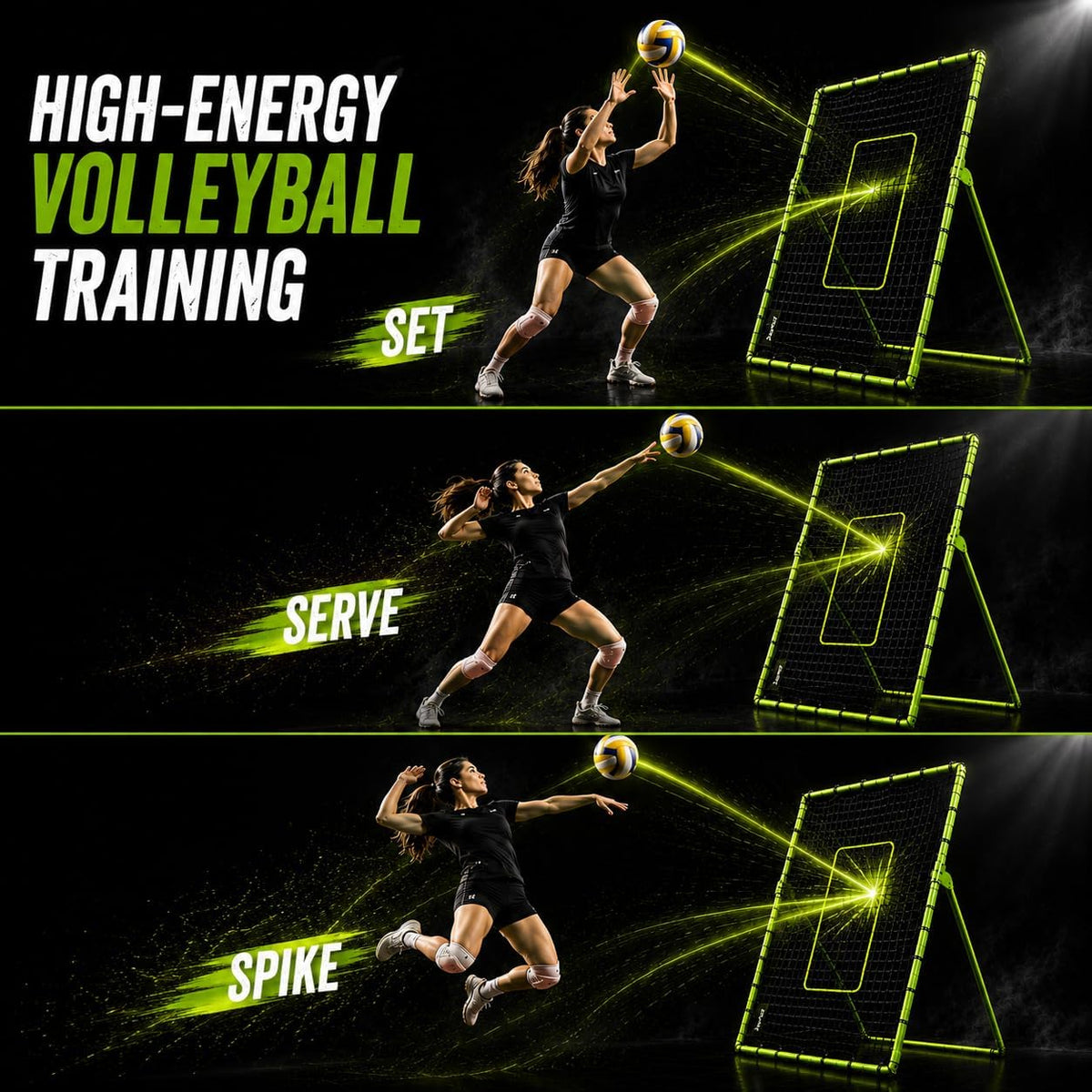 ZivPlay Volleyball Rebounder Net, 7 x 4 Ft Bounce Back Training Equipment with 5 Adjustable Angles, 28 Bungee Cords, Neon Target Strap & Ground Stakes
