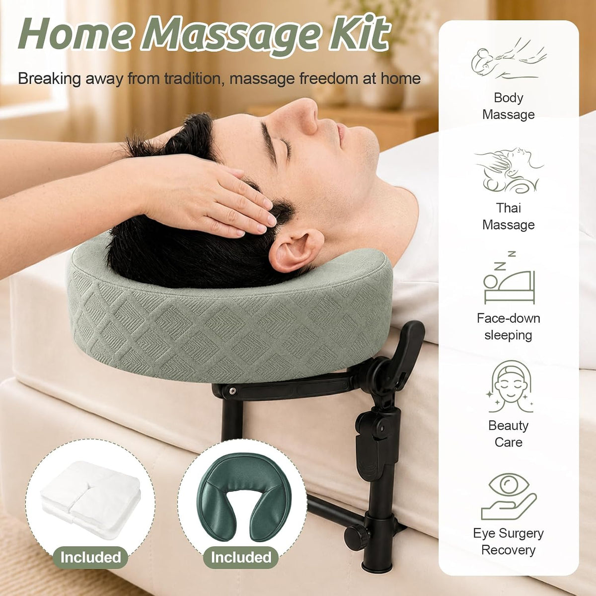 Cxgros Massage Headrest for Bed, Adjustable Face Cradle with Memory Foam Pillow, Foldable Under-Mattress Massage Head Holder, Green