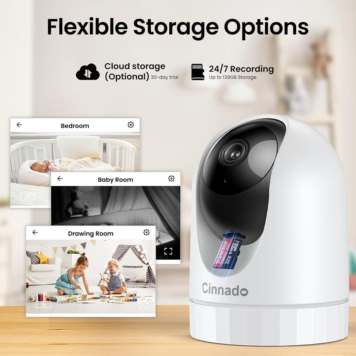 Cinnado D1 2K Indoor Security Camera, 360° Pan & Tilt Wi-Fi Camera for Pet, Dog & Baby Monitoring, Two-Way Audio, Motion Detection, Night Vision, Alexa & Google Assistant Compatible, 1-Pack