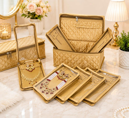 atorakushon Set of 5 Satin Makeup & Jewelry Pouches, Cosmetic Necklace & Earring Organizer, Lightweight Waterproof Vanity Storage Bag for Women, Gold