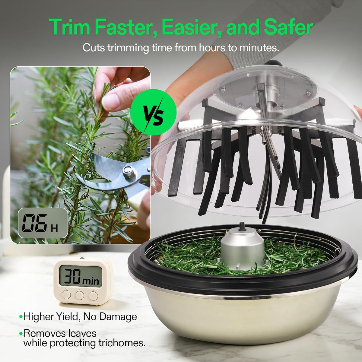 VIVOSUN 16" Bud Leaf Bowl Trimmer with Clear Dome, Stainless Steel Blades 3 Blades for Wet/Dry Buds and Large Batches, Efficiently Remove leaves, Protecting Buds, Metal Gear Box, Hand Pruner