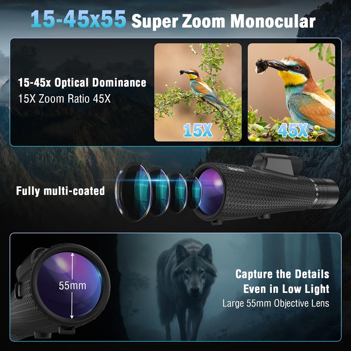 Sogries 15-45x55 High Power Zoom Monocular Telescope, 55mm BAK-4 Prism Scope for Bird Watching, Hiking, Travel, Sports & Outdoor Viewing