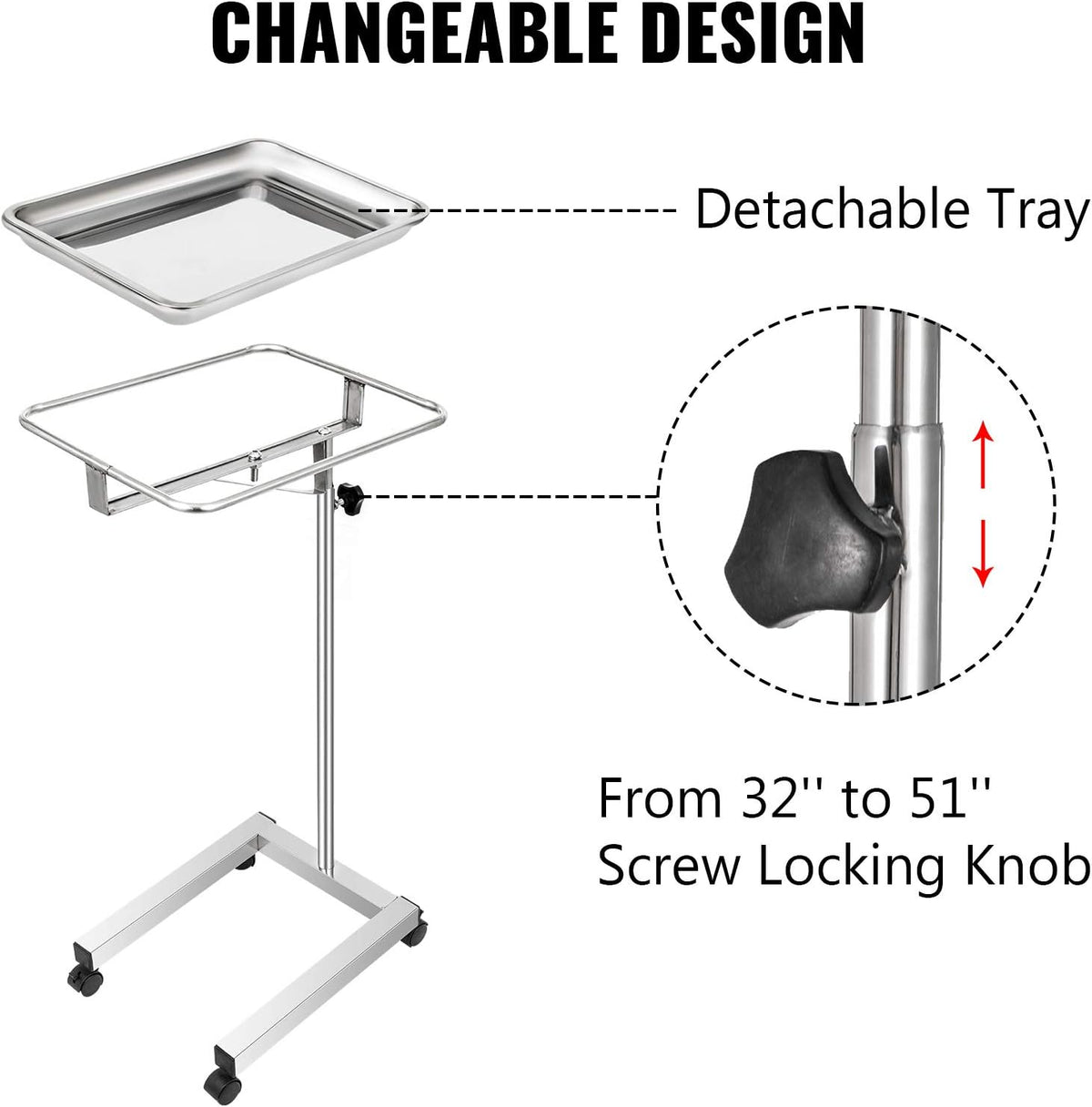 VEVOR Mayo Stand 18 x 14 inch Medical Tray, Height Adjustable 32-51 inch, Stainless Steel Lab Cart with Removable Tray & 4 Swivel Wheels, Metal Instrument Procedure Tray for Home Equipment, Dental