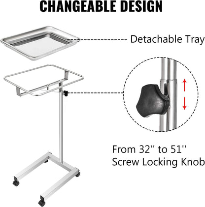 VEVOR Mayo Stand 18 x 14 inch Medical Tray, Height Adjustable 32-51 inch, Stainless Steel Lab Cart with Removable Tray & 4 Swivel Wheels, Metal Instrument Procedure Tray for Home Equipment, Dental