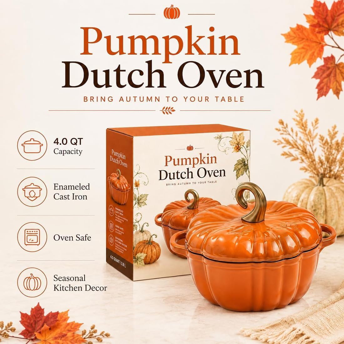 Pumpkin Enameled Cast Iron Dutch Oven with Lid, Oven Safe Soup Casserole Dish with Dual Handles, Cute Fall Harvest Decor Bakeware for Thanksgiving Halloween (B2, 16CM)