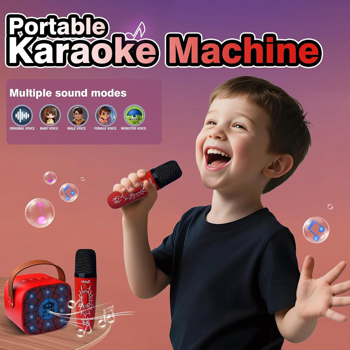 GffoihsX Mini Karaoke Machine for Kids, Portable Bluetooth Speaker with 2 Wireless Microphones, LED Lights, 5 Fun Voice Effects, Rechargeable Battery, Red