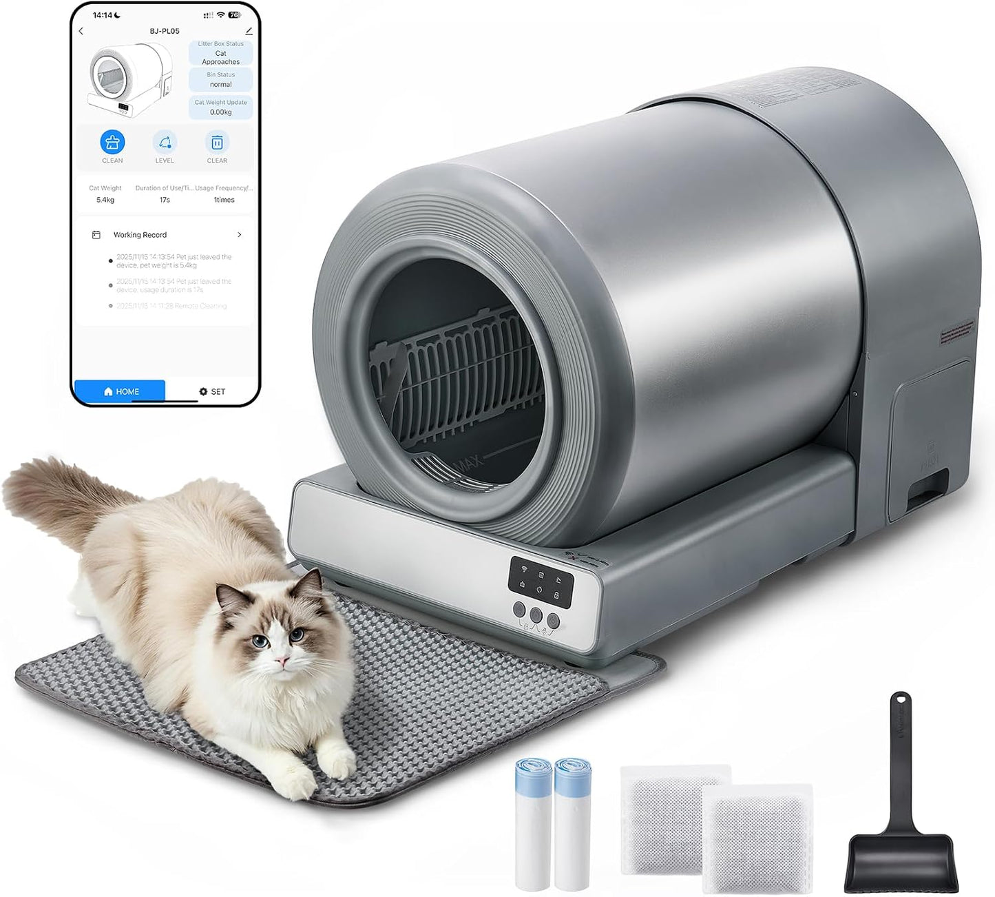 Self Cleaning Cat Litter Box for Multiple Large Cats - 60L Capacity, APP Control Automatic Litter Box with Safety Sensors, Odor-Free & Anti-Leakage, Includes Litter Mat & Litter Scoop,Gray