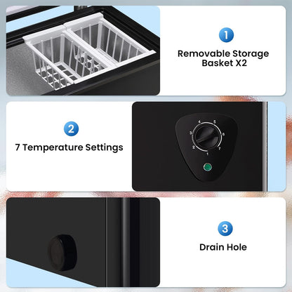WANAI Deep Chest Freezer 3.5 Cu Ft With Storage Baskets Black for Office