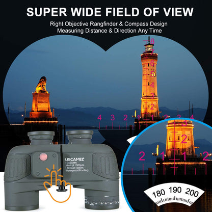 USCAMEL 10X50 Marine Binoculars for Adults, IPX7 Waterproof Binoculars with Illuminated Compass & Rangefinder, BAK4 Prism, Fully Multi-Coated, for Sailing, Boating, Fishing & Outdoor Use