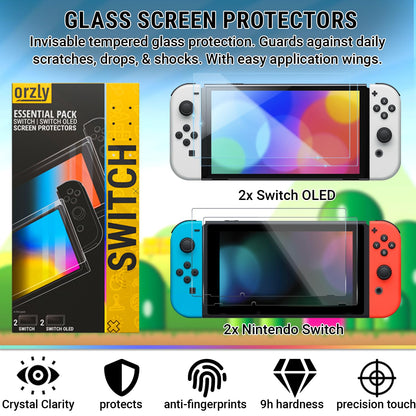 Orzly Accessory Bundle Kit designed for Nintendo switch Accessories Geeks and Oled console users Case and Screen protector, Joycon grips and Wheels for enhanced games play and more - Jet black