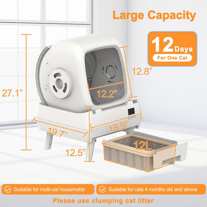 Automatic Cat Litter Box Self Cleaning - App Control, Cat Toilet Records, Suitable for Big Cats, Medium Cats, Kittens and Multi-Cat Families, Anti-Pinch, Low Noise【Assembly Required】- White