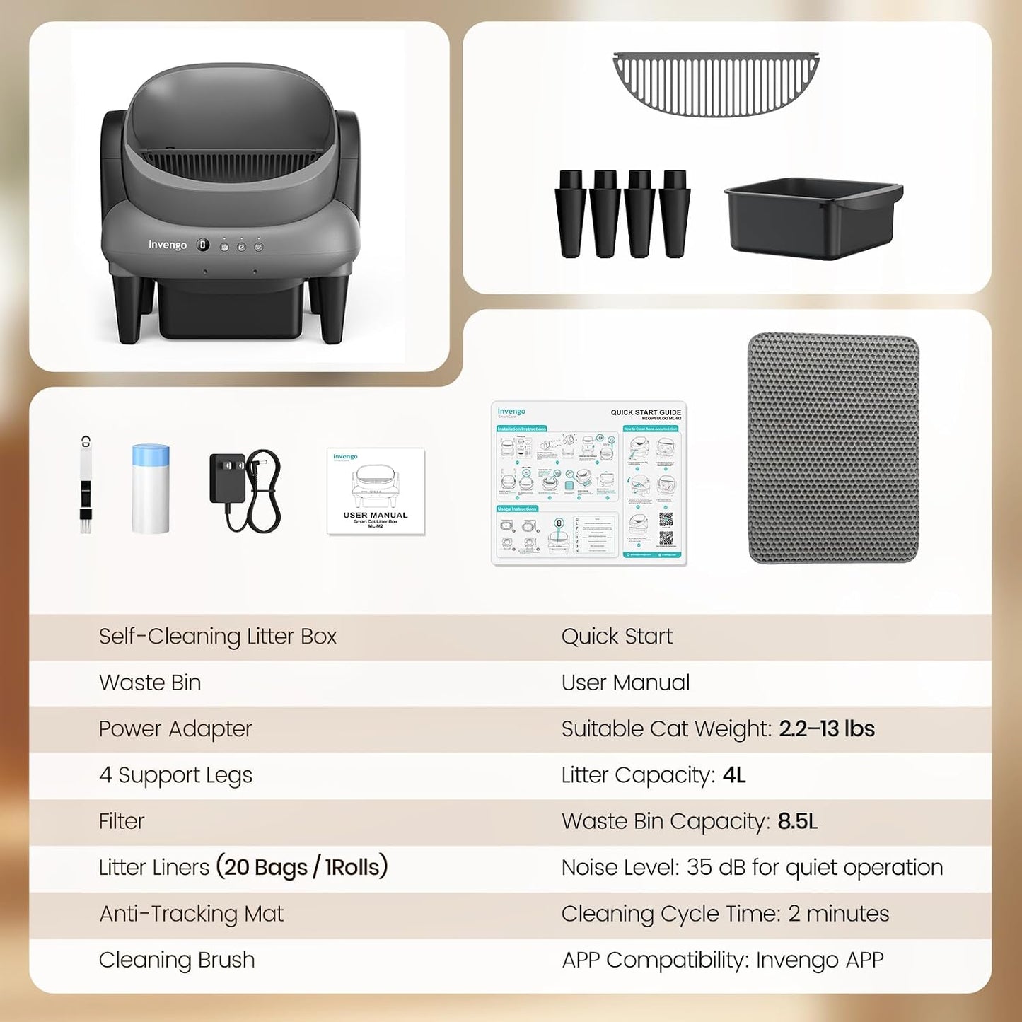 Invengo Automatic Self-Cleaning Cat Litter Box, Open Top Design with Safety Sensors and Anti-Pinch Protection, Smart Automatic Litter Box for Small & Medium Cats and Multi-Cat Homes, Charcoal Grey