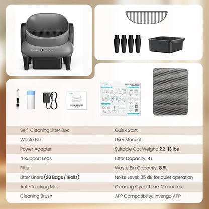Invengo Automatic Self-Cleaning Cat Litter Box, Open Top Design with Safety Sensors and Anti-Pinch Protection, Smart Automatic Litter Box for Small & Medium Cats and Multi-Cat Homes, Charcoal Grey