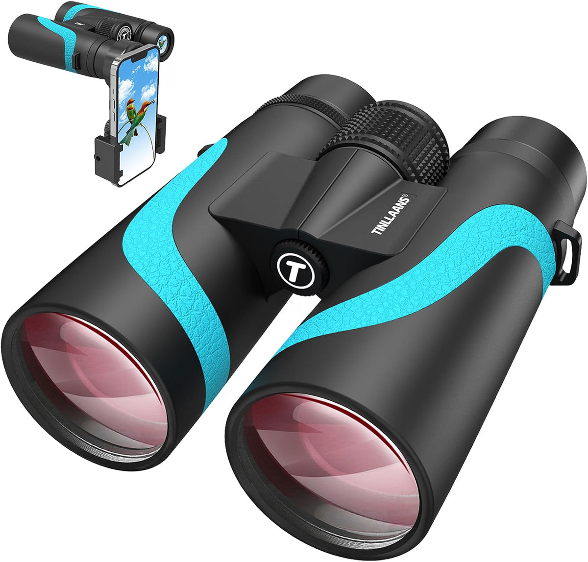 Tinllaans 15x55 UHD Binoculars with Phone Adapter, High-Powered BAK4 Prism Binoculars, 8° Wide Angle, IPX7 Waterproof & Fogproof, Fully Multi-Coated, Blue