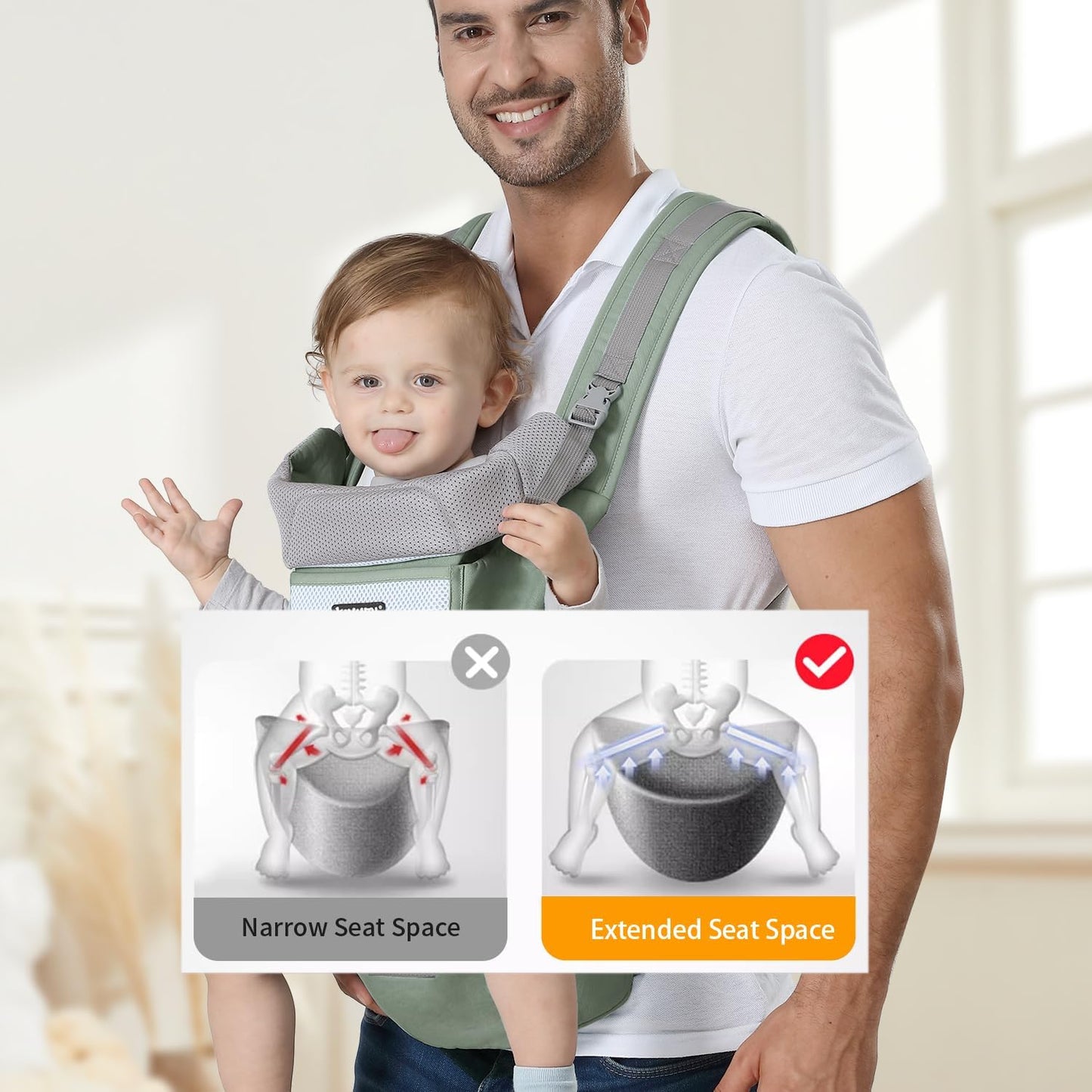 KIYUMI 6-in-1 Baby Carrier Newborn to Toddler with Hip Seat, Ergonomic Infant Carrier, Adjustable Front Back Hip Carrier, Green