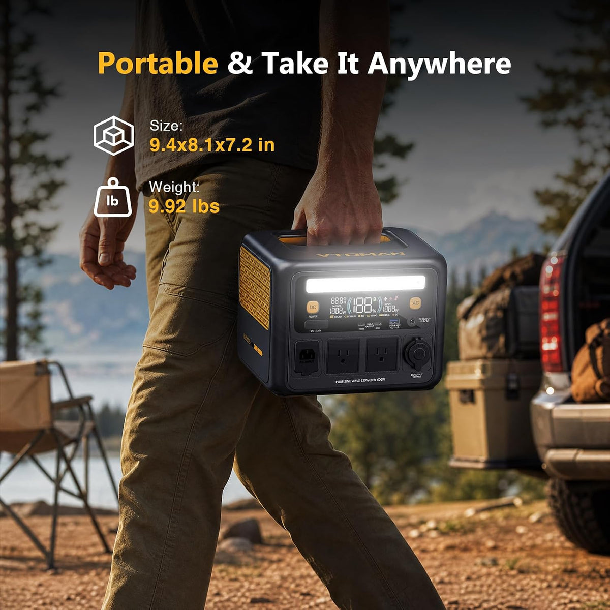 VTOMAN Jump 600X 600W Portable Power Station with 110W Foldable Solar Panel 170W Fast Recharge, 268.8Wh LiFePO4 Battery, 100W USB-C Output, 1200W Surge Solar Generator Kit for Camping, RV, Home Backup