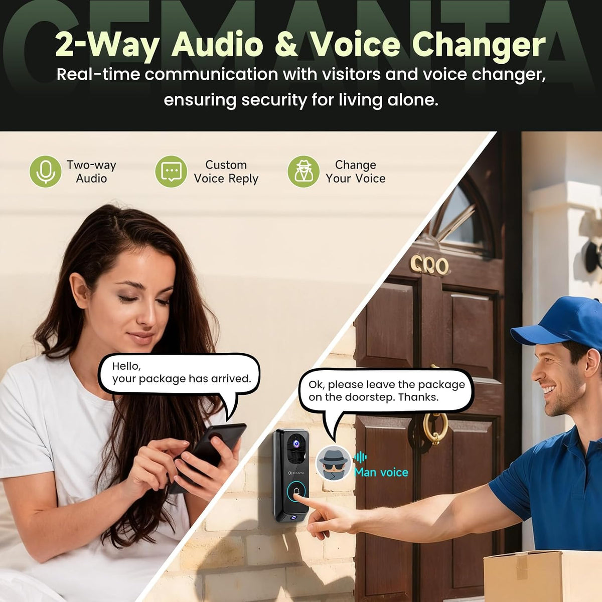 CEMANTA 2K Wireless Video Doorbell Camera with Chime, Dual-Camera 190° Wide View, AI Human Detection, Night Vision, 2-Way Audio, 9000mAh Battery